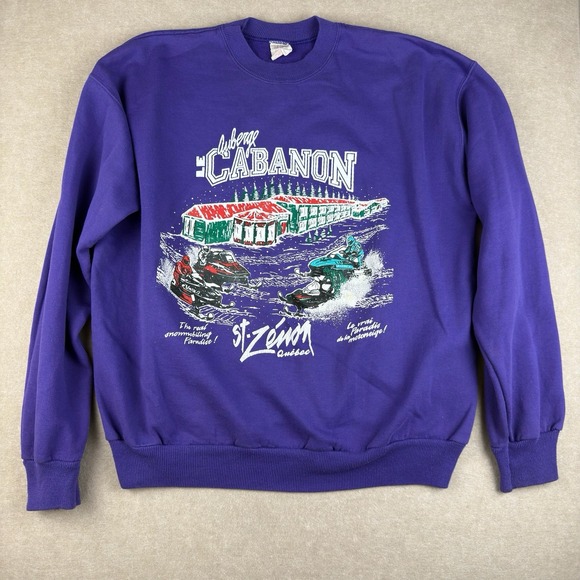Vintage Le Cabanon Sweatshirt Men's Large Purple Snowmobile St Zenon Quebec 80s - Picture 1 of 11